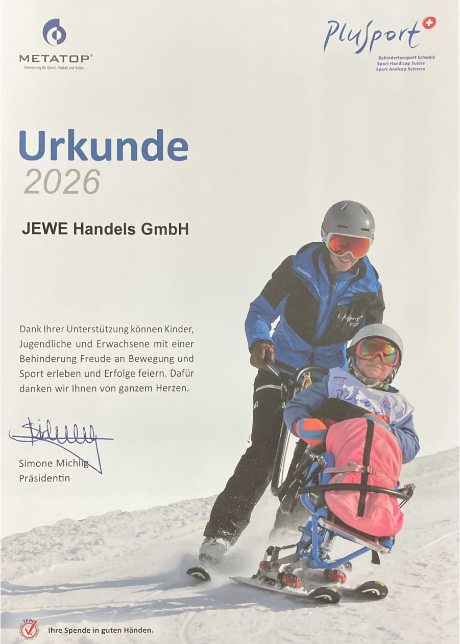 Urkunde von PluSport – Behindertensport Schweiz für die JEWE Handels GmbH («JENNY & WEBER») zur Anerkennung der Unterstützung seit 2023